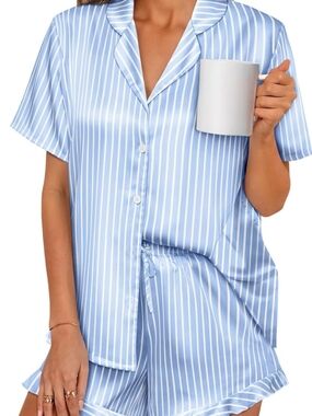 LILLUSORY Blue & White Striped Satin Pajama Set - Size XL (EUC)